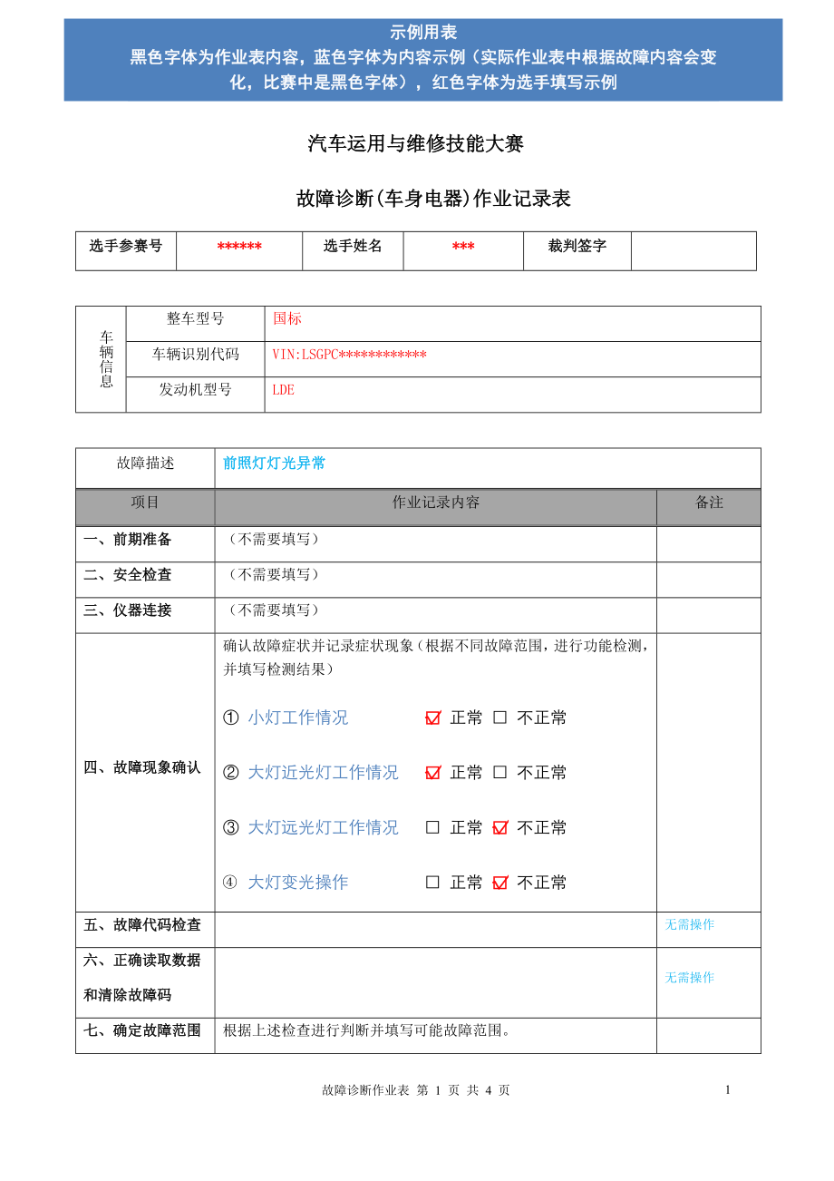 汽车故障诊断作业表(车身电器示例).docx_第1页